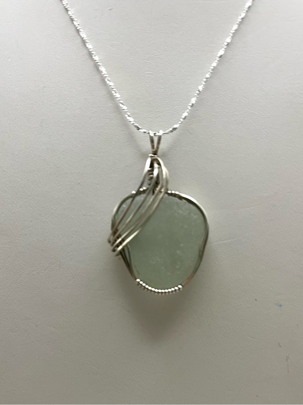 Sterling Silver 925 Sea Glass Necklace Handmade Wire Wrapped Seafoam Pendant 18"